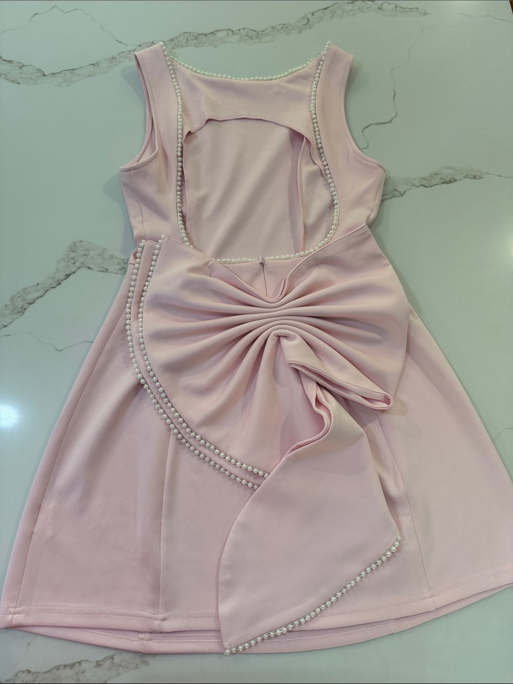 SHEIN Pink Backless Pearl-Trim Bow Detail Dress